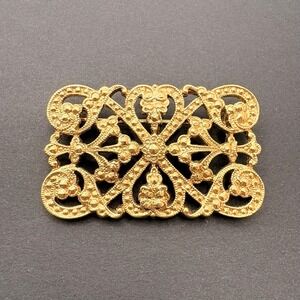Vintage 1928 Brand Ornate Filigree Floral Victorian Style Bar Brooch Gold Tone